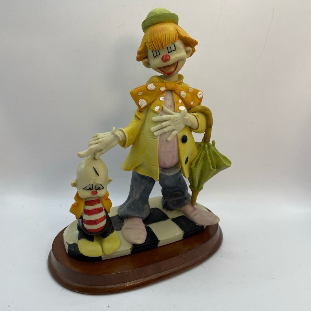 Clown Figures on Wood Base Davar Originals 7” H Adult w Umbrella & Bald Child